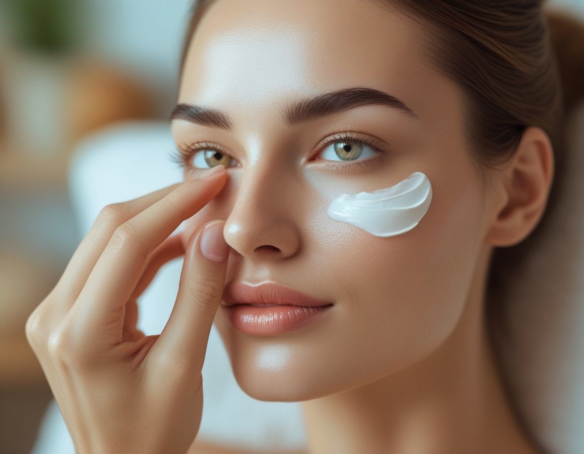 A young woman gently applying cream under her eyes in a calm home setting.